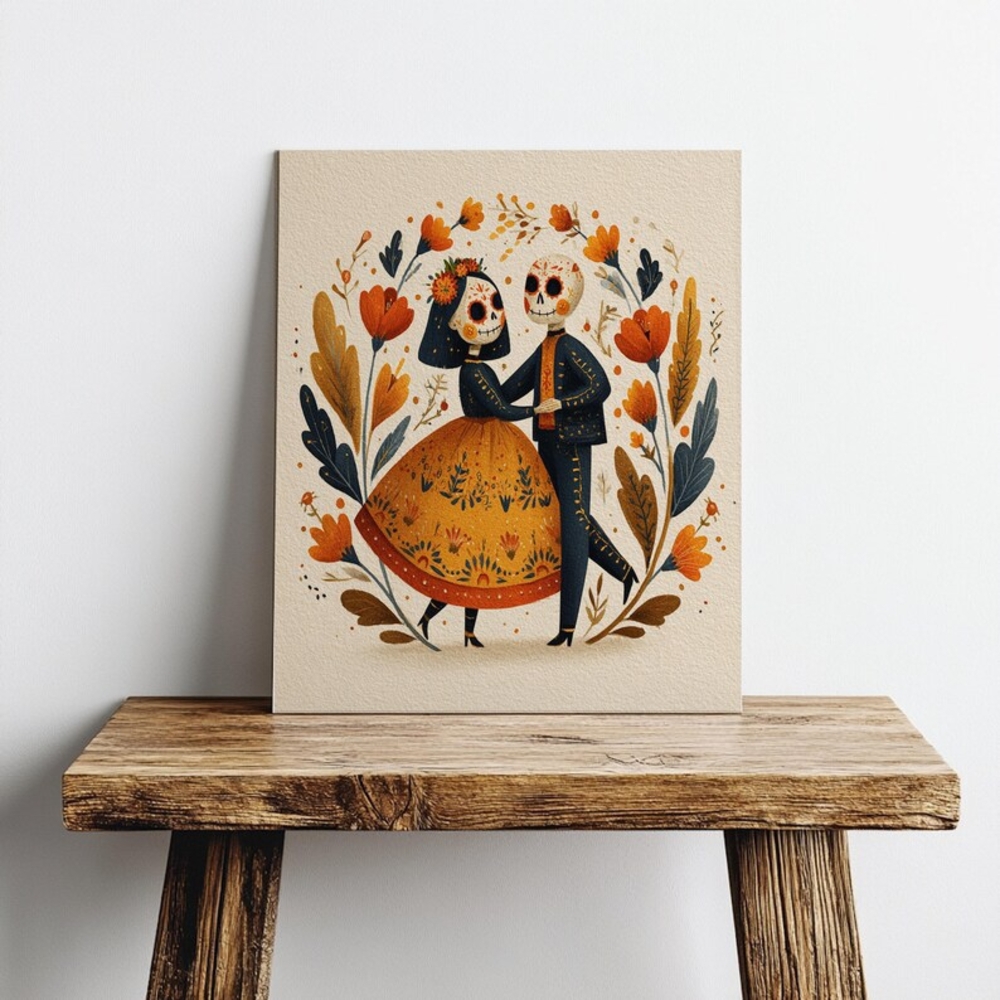 Day of the Dead Couple Art Print, Skeleton Lovers Wall Decor, Dia De Los Muertos